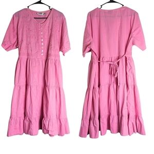 Cottagecore Farmhouse Vintage Midi Embroidered RuffledPink Dress Women's  1x